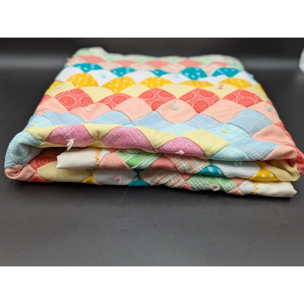 VTG 38x46 Baby Blanket Square Crib Quilted Multicolor Patchwork Holly Hobbie